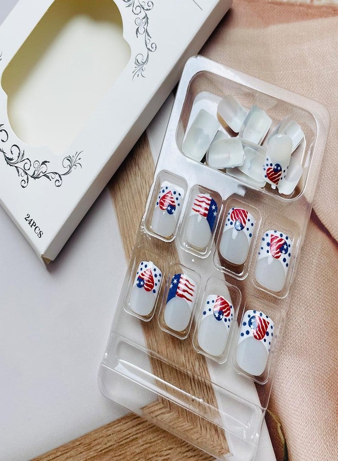LRKNNO Independence Day French Tip Press on Nails Short Square Fake Nails Heart American Flag White Nails Tips Full Cover Acrylic Nails with Design Glossy 4th of July Glue on Nails for Women Girls 24Pcs - Image 5